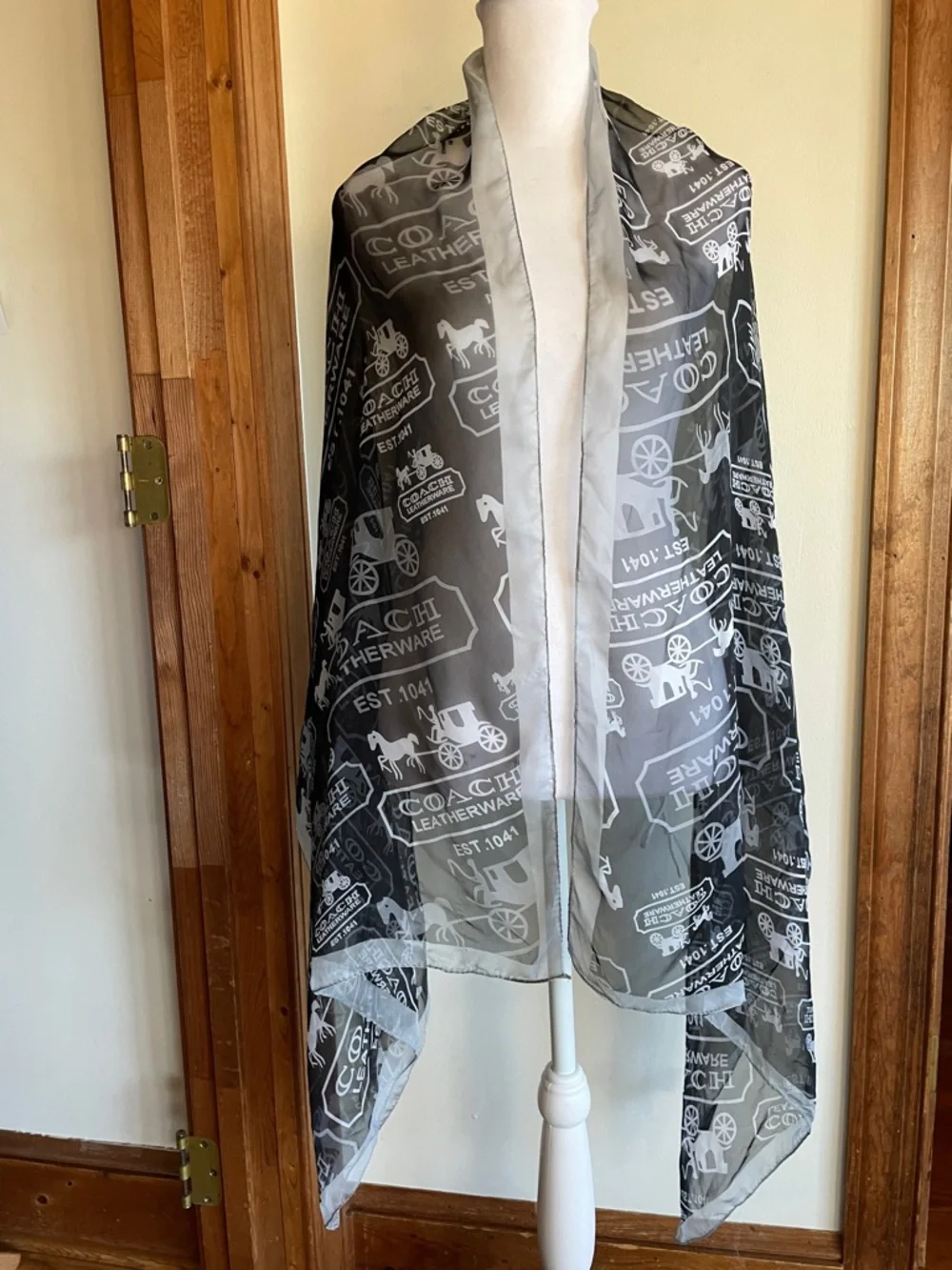 COACH Black and White Logo Horse & Carriage Print Silk Oblong Scarf